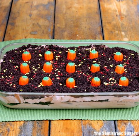 OMG! Double Chocolate Oreo Halloween Dirt Cake! Looks like a mini pumpkin patch! So adorable! Halloween Dirt Cake, Halloween Dirt, German Chocolate Cake Cookies, Dirt Cake Recipe, Easter Dirt Cake, Oreo Dirt Cake, Dirt Cake Recipes, Dirt Pudding, Oreo Dirt