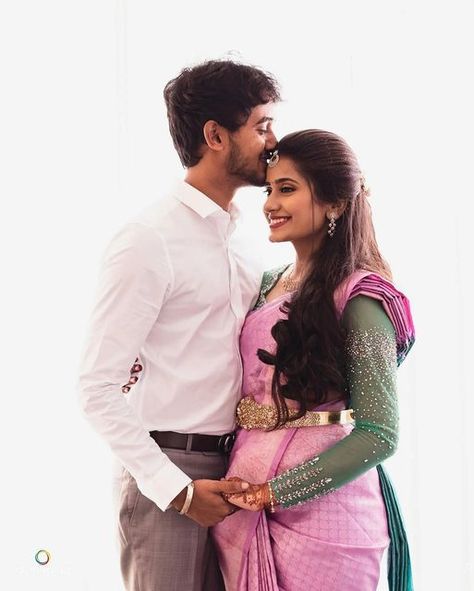 Engagement Outfit Couple, South Indian Engagement Photos, South Indian Engagement, Indian Engagement Photos, Outfit Couple, Engagement Saree, Indian Engagement, Engagement Look, Indian Bridesmaids