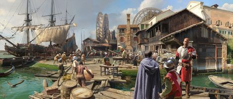 ArtStation - Endika Project: Imperial Shipyards & Docks, Sasha Beliaev Sasha Beliaev, Al Andalus, My Fantasy World, Image Painting, Artist Websites, Urban Landscape, Fantasy Landscape, Fantasy World, Art History