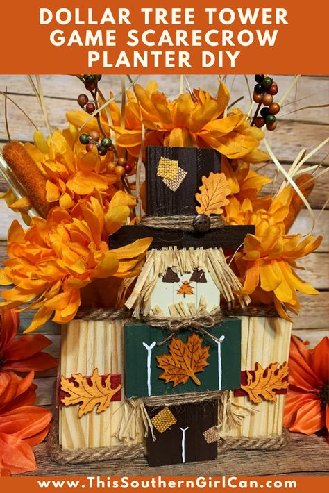 Picture Fall Crafts With Jenga Blocks, Jenga Block Scarecrow, Tower Block Crafts, Block Scarecrow, Tumbling Tower Block Crafts, Jenga Blocks, Dollar Tree Fall, Tumbling Blocks, Fall Fest