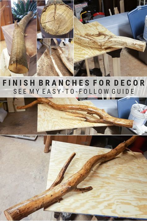 Learn how to strip, finish, and seal branches for decor in your home #diy #rustic #branches Branches For Decor, Wood Branch Decor, Tree Branch Decor Diy, Tree Branch Crafts, Backyard Lighting Diy, Branch Furniture, Katt Diy, Decorative Branches, Branches Diy