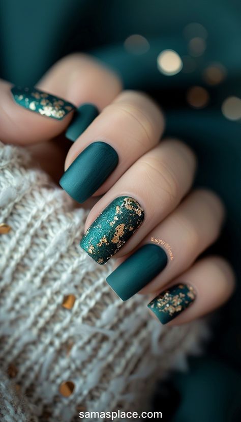 30+ Best Fall Classy Nails Ideas and Designs In 2024 Dark Teal And Gold Nails, Teal And Copper Nails, Gold And Teal Nails, Teal Winter Nails, Deep Teal Nails, Turquoise And Gold Nails, Teal Fall Nails, Teal And Gold Nails, Fall Classy Nails