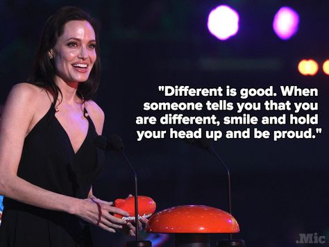 Angelina Jolie's Kids Choice Award Speech on Being Different Deserves a Standing Ovation | Identities.Mic Angelina Jolie Charity, Workaholics Quotes, Angelina Jolie Dress, Angelina Jolie Quotes, Award Speech, Read 180, Brene Brown Quotes, Being Different, Standing Ovation