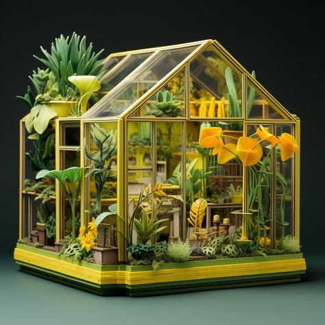 3-d model, plant greenhouse and plant shop, yellow and green fancy paper art Plant Diorama, Greenhouse Diorama, Green House Model, Greenhouse Illustration Design, Miniature Greenhouse Dollhouse, 3d Triangle, Interior Design Sketches, Design Sketch, 3d Design