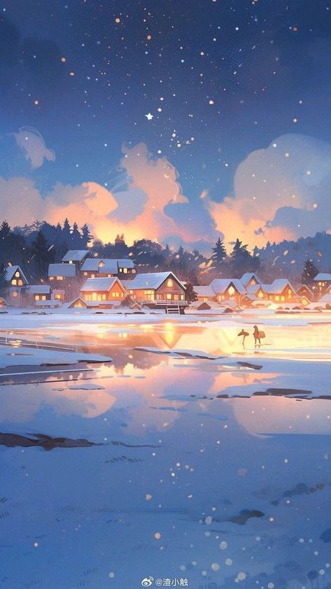 Winter Background Illustration, Winter Wallpaper Landscape, Anime Christmas Aesthetic, Anime Winter Background, Anime Christmas Background, Winter Aesthetic Anime, Winter Anime Aesthetic, Ghibli Winter, Anime Winter Wallpaper