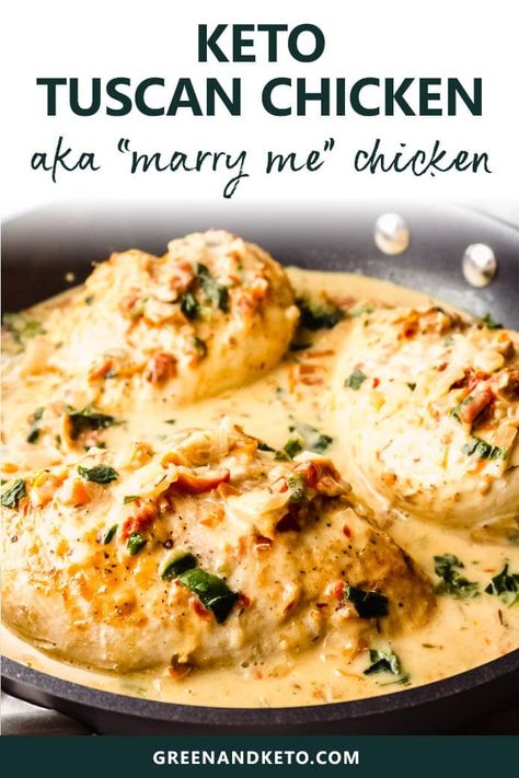 For an easy low-carb chicken dinner recipe, try Keto Tuscan Chicken with creamy garlic sauce, sun-dried tomatoes, and spinach -- aka Marry Me chicken! It cooks in one pan in only 30 minutes! Keto Tuscan Chicken, Creamy Tuscan Chicken Recipe, Low Carb Dinner Chicken, Marry Me Chicken Recipe, Pan Keto, Chicken Dinner Recipe, Best Healthy Dinner Recipes, Keto Chicken Recipes, Keto Carnivore