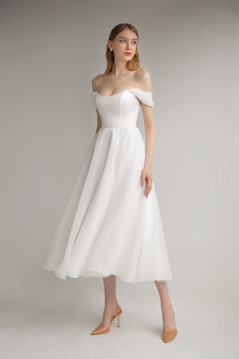 Romantic White Dress, Wedding Dress Minimalist, Civil Wedding Dress, Jeweled Wedding Dress, Short Bridal Dress, Midi Wedding Dress, Tea Length Skirt, Minimalist Dress, Civil Wedding Dresses