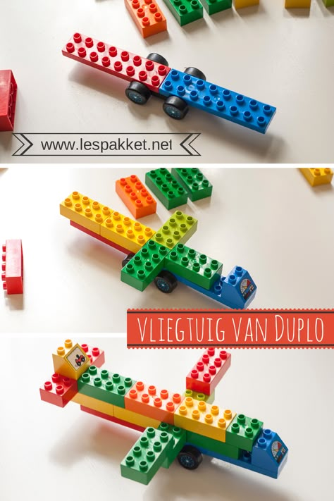 Ik kwam op internet een vrij eenvoudig vliegtuig tegen gemaakt van Lego. Hier thuis spelen we voornamelijk met Duplo. Ik zette een vliegtuig van Duplo in elkaar en maakte er een stappenplan van. Het mooie was dat de kinderen hier thuis direct hun eigen vliegtuigen (en autos) gingen maken! Zo gaat dat vaker: je geeft een voorzetje en de kinderen zijn weer uren bezig. Dus: maak eens vliegtuigen van Duplo! #JufBianca Lego Basic, Lego Education, Lego Building Instructions, Lego Club, Lego Activities, Lego Blocks, Lego Worlds, Lego For Kids, Lego Party