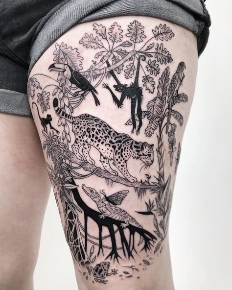 Pony Reinhardt Tattoo on Instagram: “Return from the jungle to a jungle: ocelot, with caiman’s tear-feeding butterflies, black spider monkeys, battle of the walking tree and…” Animal Thigh Tattoo, Pony Reinhardt Tattoo, Pony Reinhardt, Jungle Tattoo, Monkey Tattoos, Skeleton Hand Tattoo, Forest Tattoos, Theme Tattoo, 4 Tattoo