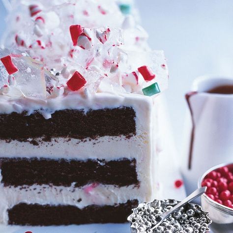 Peppermint Ice Cream Candyland Cake recipe | Epicurious.com Festive Dessert Recipes, Peppermint Frosting, Peppermint Treats, White Chocolate Cream, Peppermint Cake, Candyland Cake, Peppermint Ice Cream, Devil's Food Cake, Cream Cake Recipe