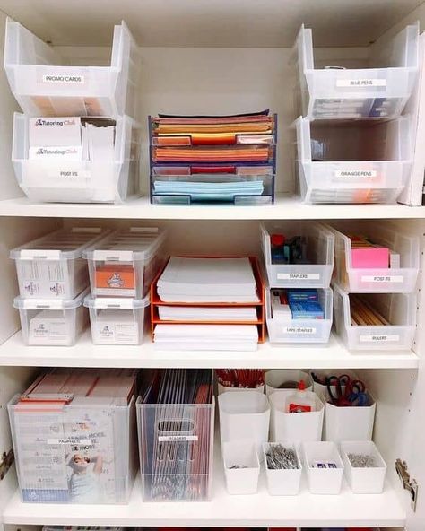 30 Office Supply Organization Ideas » Lady Decluttered Office Supplies Closet, Closet Office Organization, Craft Closet Organization, Lady Decluttered, Supply Organization, Desk Organisation, Magazine Organization, Office Organisation, Stationary Organization