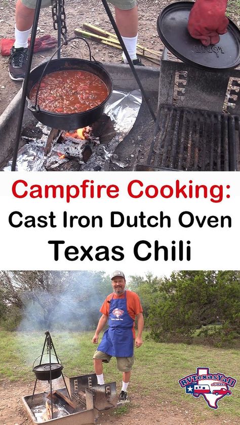 Dutch Oven Chili, Campfire Chili, Chili Pot, Dutch Oven Camping Recipes, Texas Chili, Dutch Oven Camping, Camping Cooking, Dutch Oven Cooking, Cast Iron Recipes