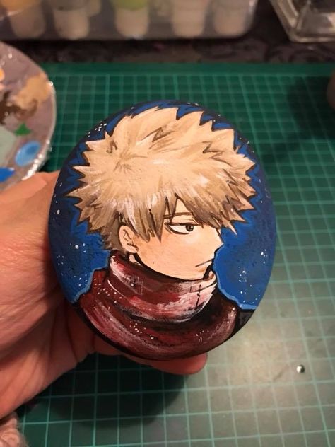 Painted rocks  Anime character Anime Rock Painting Ideas, Anime Painted Rocks, Drawing Tuts, Painted River Rocks, Anime Canvas Art, Rock Painting Patterns, Katsuki Bakugo, Kindness Rocks, Rock Painting Art