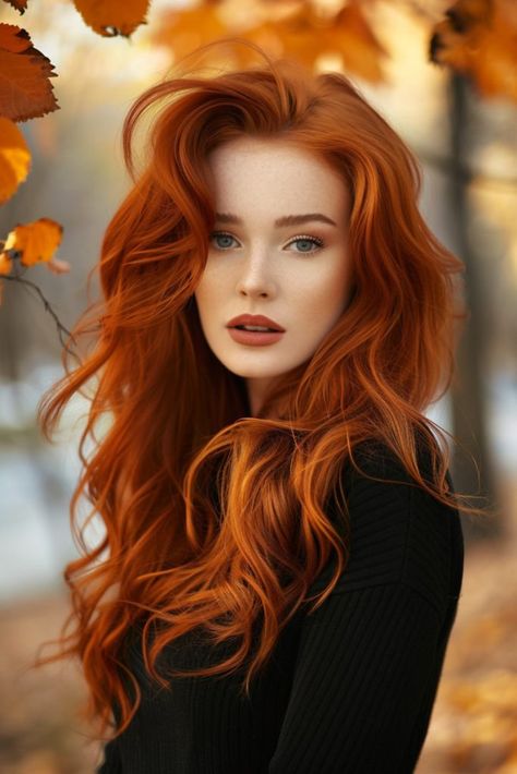 24 Fall Hair Color Ideas Perfect For Sweater Weather Blonde Hair Highlights Ideas For Blondes, Natural Orange Hair Color, Fall Fantasy Hair Color, Redhead Hair Color Ideas, Fall Red Hair Color Autumn Highlights, Red Hair Copper Highlights, Fire Red Hair Color, Red Hair Color Natural, Beautiful Women's Faces