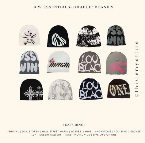 Graphic Beanie Aesthetic, Graphic Beanie Outfit, Trendy Beanies, Aesthetic Beanies, Beanie Streetwear, Beanie Ideas, Beanie Collection, Graphic Beanie, Custom Fitted Hats