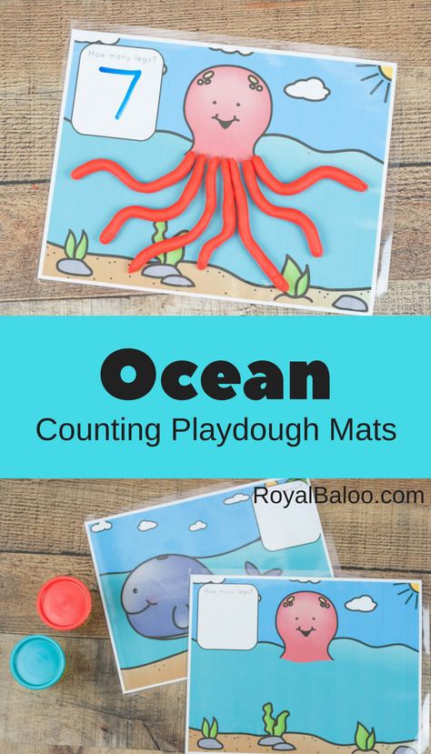 Sneak in math (counting and addition) with playdough! Sensory and educational with an ocean theme. Includes a whale, octopus, and clam. Ocean Playdough, Ocean Activities Preschool, Ocean Lesson Plans, Counting Mats, Ocean Theme Preschool, Math Mats, Ocean Theme Classroom, Ocean Unit, Playdough Activities