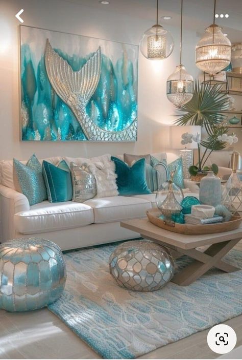 Under The Sea Living Room, Mermaid Lore, Room Ideas Cute, Aqua Living Room, Tropical Style Decor, Beachy Living Room, Beach Decor Living Room, Modern Mermaid, Dark Blue Living Room