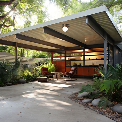 20 Carport Ideas That Will Impress You Carport In Front Of Garage, Modern Carport Ideas, Mid Century Carport, Carport Conversion, Carport Garden, Hale House, Modern Carport, Patio Addition, Golden Meadow