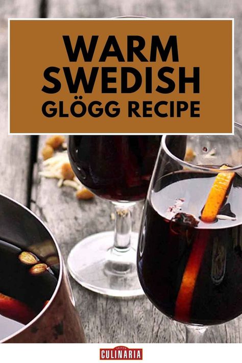 Two glasses of warm Swedish glögg, a spiced mulled wine, are filled with deep red liquid and garnished with orange peel. A copper pot with glögg sits nearby, showing floating almonds and spices, adding to the festive and cozy presentation. The setting is rustic, with a wooden table that enhances the inviting warmth of this traditional holiday drink. Glogg Recipe, Swedish Christmas Traditions, Cozy Drinks, Serving Wine, Swedish Christmas, Christmas Tradition, Port Wine, Mulled Wine, Orange Zest