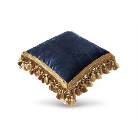 Command attention with this regal ring bearer pillow, crafted from luxurious crushed velvet in a rich royal blue.  Its elegance is further accentuated by delicate French passementerie trim, complete with shimmering golden tassels that add a touch of opulence. This masterpiece arrives with a sophisticated pearl pin ring holder, ensuring your cherished rings are presented with the utmost grace. A truly exquisite addition to any wedding celebration, elevating your special moment to one of timeless grandeur.   .#embroideredwedding #DIYembroidery #handmadewedding #embroideryinspiration #weddingcrafts Fancy Pillows, Luxury Pillows Decorative, Wedding Cushion, Wedding Ring Bearer Pillow, Wedding Ring Bearer, Bridal Gift Wrapping Ideas, Stylish Curtains, Cushion Cover Designs, Deep Royal Blue