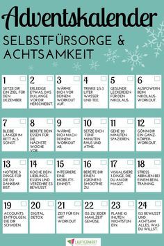 Selbstfürsorge und Achtsamkeit-Adventskalender - du willst den Dezember nutzen und etwas für dich und deine Gesundheit, dein Wohlbefinden und deine Fitness tun? Dieser Adventskalender bietet dir 24 Türchen zu Fitness, Ernährung, Mindset und mehr - alles unter dem Motto Selbstfürsorge und Achtsamkeit. #selbstfürsorge #achtsamkeit #adventskalender #achtsamkeitsadventskalender #gesundheit #mentalestraining #wohlbefinden Calendar 2019, Holy Night, Xmas Crafts, Fun Workouts, Advent Calendar, Fitness Tips, Advent, Periodic Table, Self Care