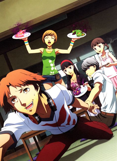 Shin Megami Tensei: Persona 4 | Amagi Yukiko | Doujima Nanako | Hanamura Yousuke | Narukami Yu | Satonaka Chie Persona 4 Investigation Team, Persona 4 Chie, Gamer Gadgets, Persona Funny, Shigenori Soejima, Yosuke Hanamura, Yu Narukami, Food Quiz, Shin Megami Tensei Persona