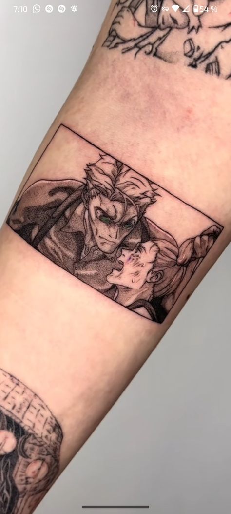 Está imagen fue sacada de un tiktok (@wilson_tattoo), derechos a quien corresponda. Anime Filler Tattoo, Comic Book Style Tattoo, Megumi Tattoo Ideas, Nanami Tattoo Ideas, Nanami Kento Tattoo, Nanami Tattoo, Anime Panel Tattoo, Manga Panel Tattoos, Jjk Tattoo Ideas