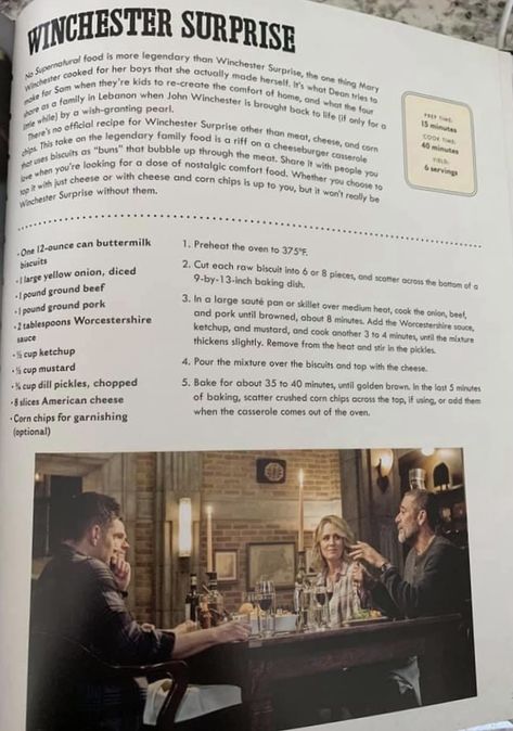 Supernatural Cookbook Recipes, Winchester Surprise Recipe, Supernatural Recipes, Nerd Recipes, Supernatural Party, John Winchester, Food Wishes, Family Wishes, Tv Land