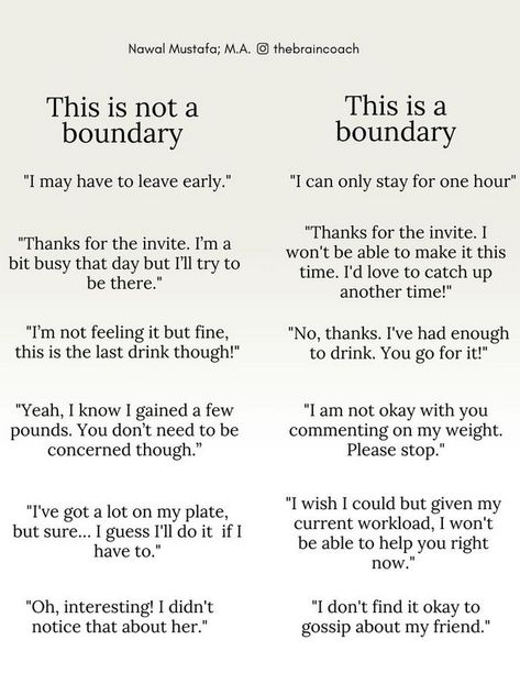 Credit: thebraincoach  Real boundaries are clear, respectful limits you set to protect your well-being. This pin explores what authentic boundaries look like, emphasizing open communication, self-respect, and mutual understanding. It's about confidently saying no without guilt, prioritizing self-care, and recognizing your limits. Real boundaries foster healthy relationships, enhance self-esteem, and ensure you honor your needs and values. Embrace the power of setting boundaries to create a balanced and fulfilling life. 🌈💖 Avoiding Conflict, Take Care Of Your Mind, Healing Journaling, Practicing Self Love, Personal Boundaries, Relationship Lessons, Mental Health Therapy, Emotional Awareness, Get My Life Together