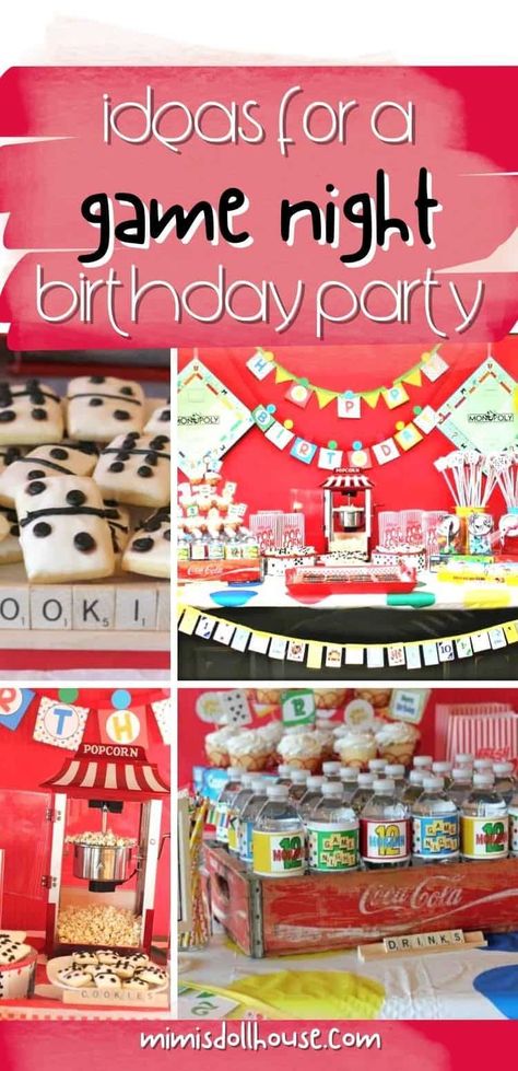 Game Night Ideas for the whole family. Looking to plan an awesome game night party? Game Nights are not just for adults. You can host a game night party for the whole family. This is an awesome theme for a teen (or tween) birthday. Throwing a game night party is perfect for older children. #gamenight #partyideas #party #familygamenight #boardgames #games #parties #birthday Game Themed Party Food, Game Night Theme Party For Kids, Games Night Birthday Party Ideas, Game Night Bday Party Ideas, Board Game Party Theme Adult, Card Game Party Ideas, Sweet 16 Game Night Theme, Game Night Party Ideas Decorations, Game Show Birthday Party