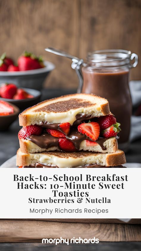 Ingredients  2 slices of bread 2 tbsp Nutella 3-4 fresh strawberries, sliced Brown sugar to garnish (optional) Nutella Drizzle, Breakfast Hacks, Breakfast Hack, Easy Breakfast Options, Back To School Breakfast, School Breakfast, Quick And Easy Breakfast, Breakfast Options, Fresh Strawberries