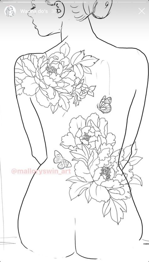 Back Tattoo Women Peony, Arm Tattoos Feminine, Women’s Body Tattoo Design, Hip To Back Tattoo, Back Tattoos That Wrap Around, Back Tattoo Drawings Women, Back Tattoo Women Sketch, Back Outline Tattoo, Wrap Around Body Tattoo Women