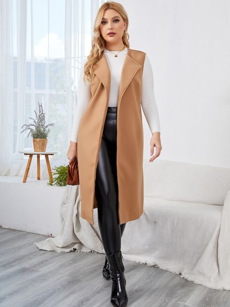 Camel Elegant  Sleeveless Wool-Like Fabric Plain Regular Embellished Non-Stretch Spring/Fall Plus Size Outerwears Outfit Chaleco Cafe Largo, Long Vest Outfit, Long Blazer Vest, London Clothes, Camel Outfit, Thought Leader, Outfit Work, Sleeveless Blazer, Collar Vest