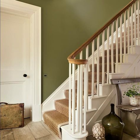 Sanderson on Instagram: “Cosy up this autumn with the botanical hues of Canopy Green from Sanderson Paint.” Light Green Hallway, Green Stairway, Hallway Decorating Colours, Green Fall Decor, Hallway Remodel, Stair Renovation, Hallway Colours, Green Hallway, Paint Color Inspiration