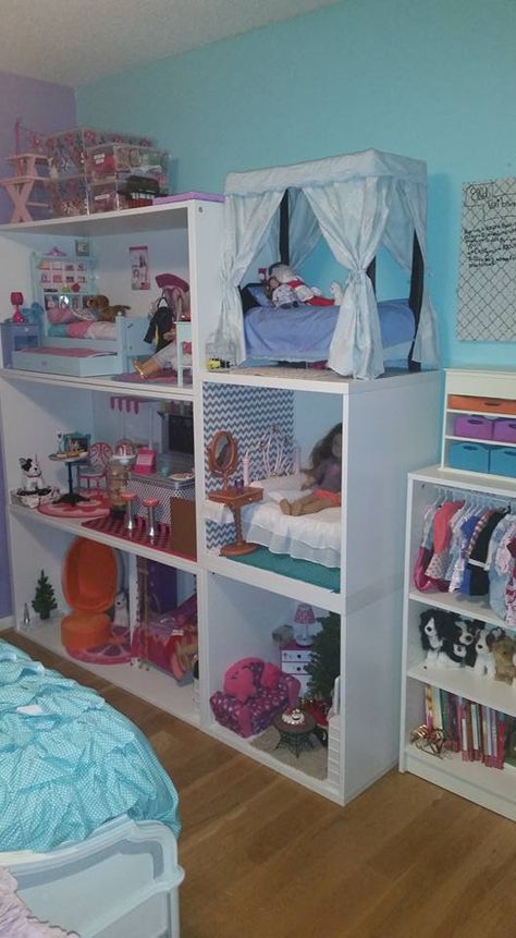 My Life Doll Storage Ideas, Our Generation Doll Storage, Big Dollhouse, American Doll House, Doll Organization, Ag Doll House, American Girl House, Kids Bedroom Organization, American Girl Doll Room