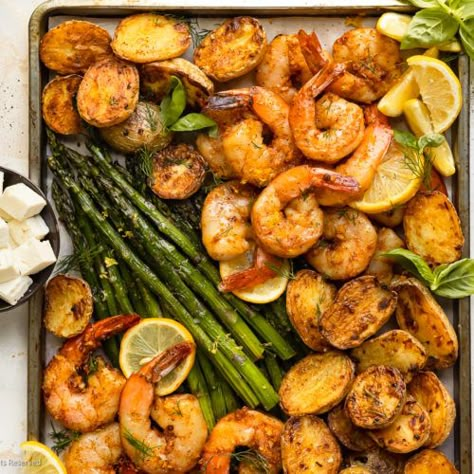 Pan Shrimp Recipes, Shrimp And Potatoes, Shrimp With Asparagus, Shrimp Potatoes, Potatoes Asparagus, Crispy Roasted Potatoes, Sheet Pan Shrimp, Pan Shrimp, Lemon Shrimp