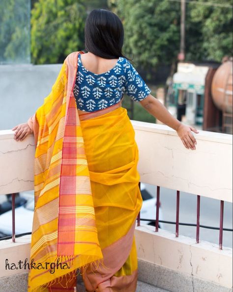 Maheshwari silk woven sari!!! Indigo Blouse, Dress Elegant Classy, Classy Saree, Maheshwari Saree, Saree Styling, Elegant Sarees, Kalamkari Blouse, Saree Cotton, Chanderi Saree