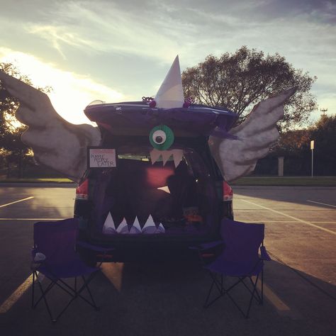 Purple people eater trunk or treat - sure looked strange to me Flying Purple People Eater, Purple People Eater, Purple People, People Eater, Treat Ideas, Trunk Or Treat, One Eye, Teamwork, Horn