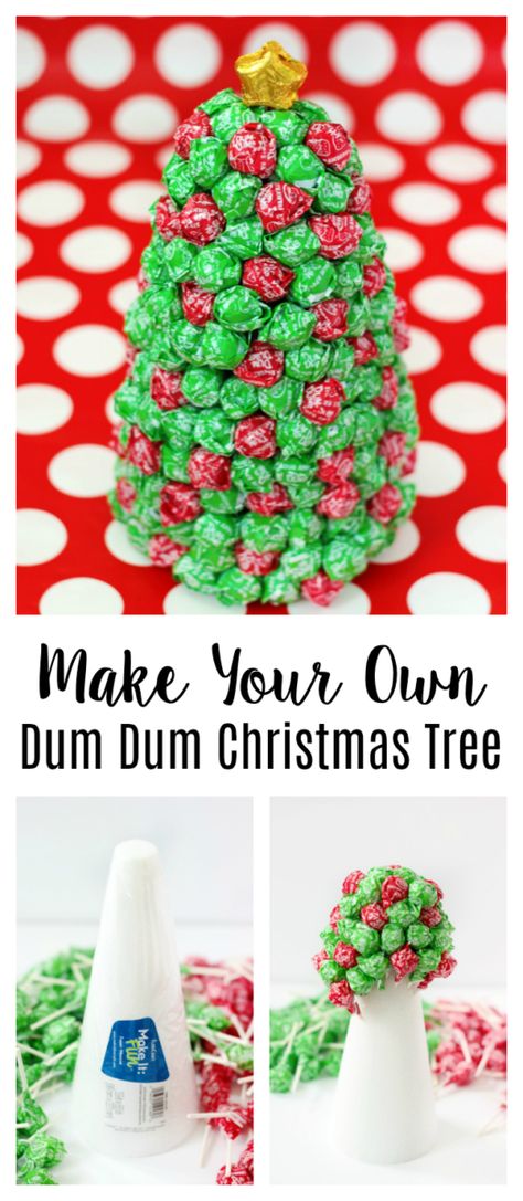 A Dum Dum Christmas Tree is such a fun centerpiece during the holidays. Put one on your desk, front entry table, or dining table to treat kiddos who come to visit! A great project for kids to help with, too! Lollipop Tree Diy, Dum Dum Lollipops Ideas, Christmas Tree Lollipop, Lollipop Christmas Tree, Sucker Tree, Front Entry Table, Front Entry Tables, Rustic Christmas Decorations, December Ideas