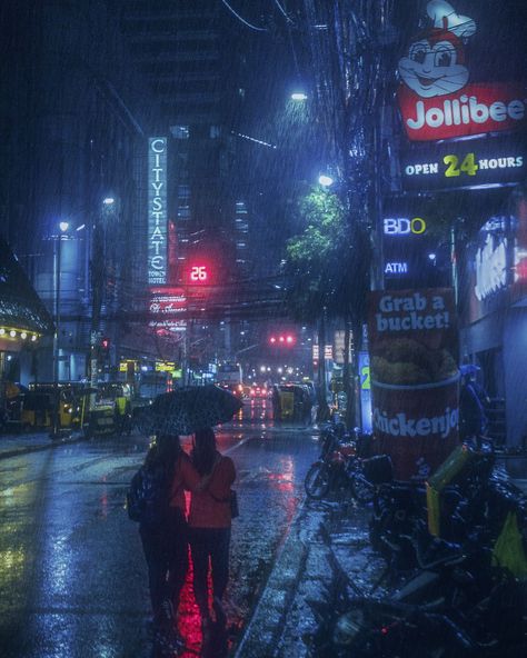 Sharing An Umbrella, Bonifacio Global City, Monsoon Rain, Filipino Art, Filipino Culture, Global City, Cyberpunk City, Manila Philippines, Cyberpunk 2077