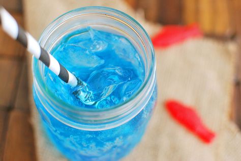 Ocean Water (Sonic Copycat) Nautical Party Food Ideas, Jaws Movie Night Food, Jaws Pool Party, Swim Birthday Party Ideas, Swimming Birthday Party Ideas, Swim Party Food, Swim Party Ideas, Nautical Party Food, Shark Gummies