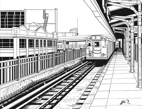 Train Drawing, Train Station Architecture, Motorcycle Drawing, Perspective Drawing Architecture, Perspective Drawing Lessons, Graphic Novel Art, Landscape Concept, Perspective Art, Background Drawing