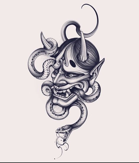 Oni And Snake Tattoo, Oni Snake Tattoo, Hannya Snake Tattoo, Shogun Tattoo, Mascara Hannya, Samurai Warrior Tattoo, Oni Mask Tattoo, Oni Tattoo, Hannya Mask Tattoo