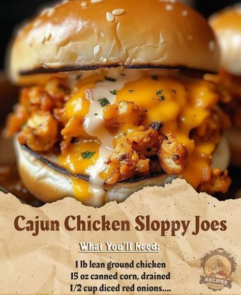 Louisiana Cajun Cooking And Recipes | Cajun Chicken Sloppy Joes: | Facebook Cajun Chicken Burger, Chicken Sloppy Joe Recipe, Chicken Sloppy Joes, Cajun Chicken Recipes, Louisiana Cajun, Sloppy Joes Recipe, Cajun Cooking, Potluck Dishes, Cajun Chicken