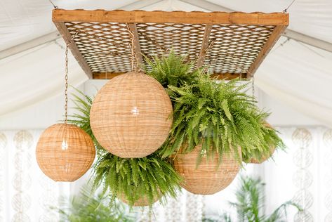 Tropical Ceiling Decor, Ceiling Decor Restaurant, Boho Ceiling Decor, Tropical Chandelier, Boho Event, Wicker Chandelier, Garden Cafe, Ceiling Installation, Cafe Interior Design