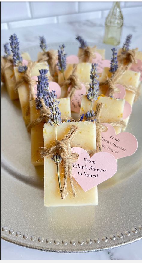 GUEST SIZED 2.3oz soap barsFROM MY SHOWER TO YOURS!Guest sized soap bars for your guests!Each favor is lovingly handmade with personalized tags.Each soap is made using the cold processed method, the natural vegetable oils are infused with calendula flowers for skin soothing properties, scented with essential oils or pthalate free fragrance. Natural botanicals sprinkled on top like lavender, blue coneflower petals and calendula complete the beauty of this beautiful soap. Please note scents other Bridal Shower Soap, From My Shower To Yours, My Shower To Yours, Calendula Soap, Lavender Sprigs, Lavender Baby Showers, Baby Shower Favours For Guests, Calendula Flowers, Garden Wedding Favors