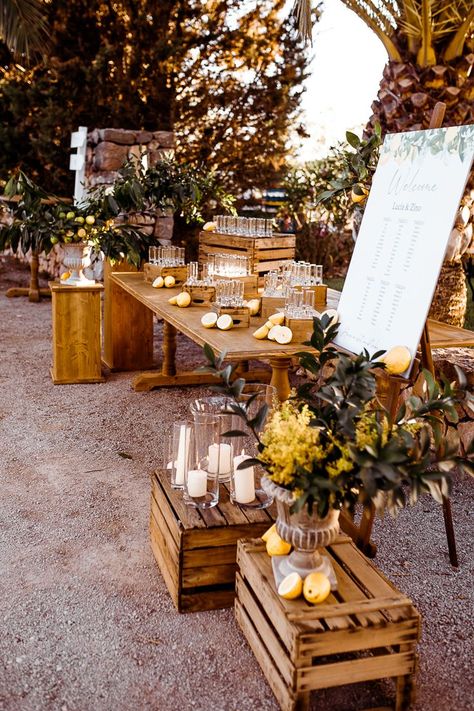 Tall Candles Wedding, Rehearsal Dinner Inspiration, Tree Colour, Rustic Italian Wedding, Wedding Welcome Table, Tall Candles, Olive Wedding, Dark Wood Table, Citrus Wedding