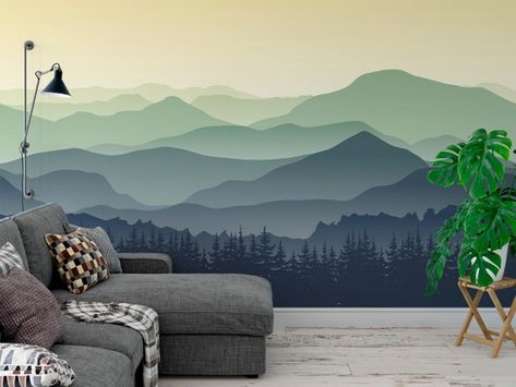 Mountain Mural, Mountain Nursery, Mountain Silhouette, Misty Mountain, Green Mountains, Fabric Wall Decals, Mountain Wallpaper, Mountain Wall, Kids Wall Decals