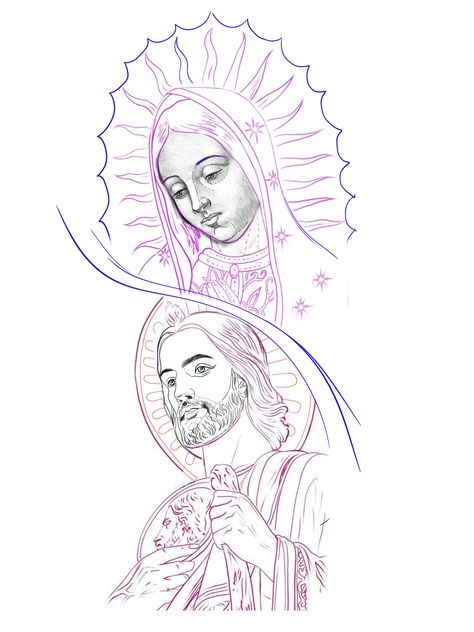 St Jude Drawing, Virgin Mary And San Judas Tattoo, San Judas And Virgen Tattoo Together, San Judas Tadeo Drawing, Virgin Mary Tattoo Stencil, San Judas Drawing, Mexican American Tattoos, Virgin Mary Tattoo Design, San Judas Tadeo Tattoo