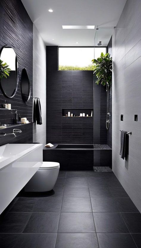 Modern House Interior Design Ideas, Dramatic Black Bathroom, Dark Tiles In Bathroom, Small Bathroom Ideas Dark, Dark Bathrooms Ideas, Modern Bathroom Tiles Design Ideas, Modern Dark Bathroom, Dark House Interior Design, Dark Bathroom Design